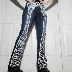 Vintage 90s Victorian corset style lace-up bow goth skeleton boot cut jeans